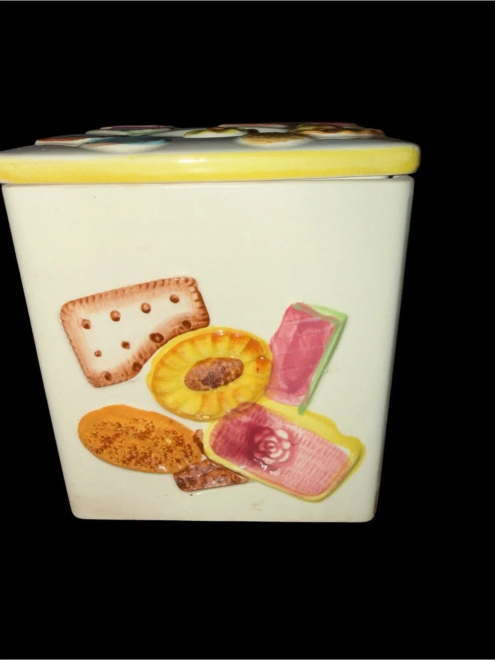 Vintage Retro Japan Cookies Ceramic Cookie Jar - White and Yellow
